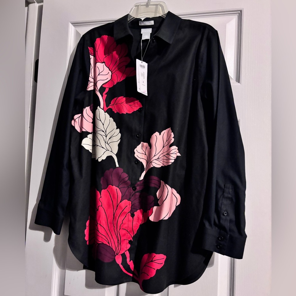 Chico's Black Shirt with Bold Pink Floral Design